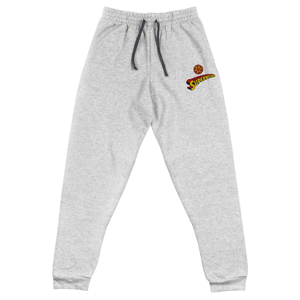 Gray-Superweird Joggers from B.Different Clothing, front view, graffiti-inspired streetwear