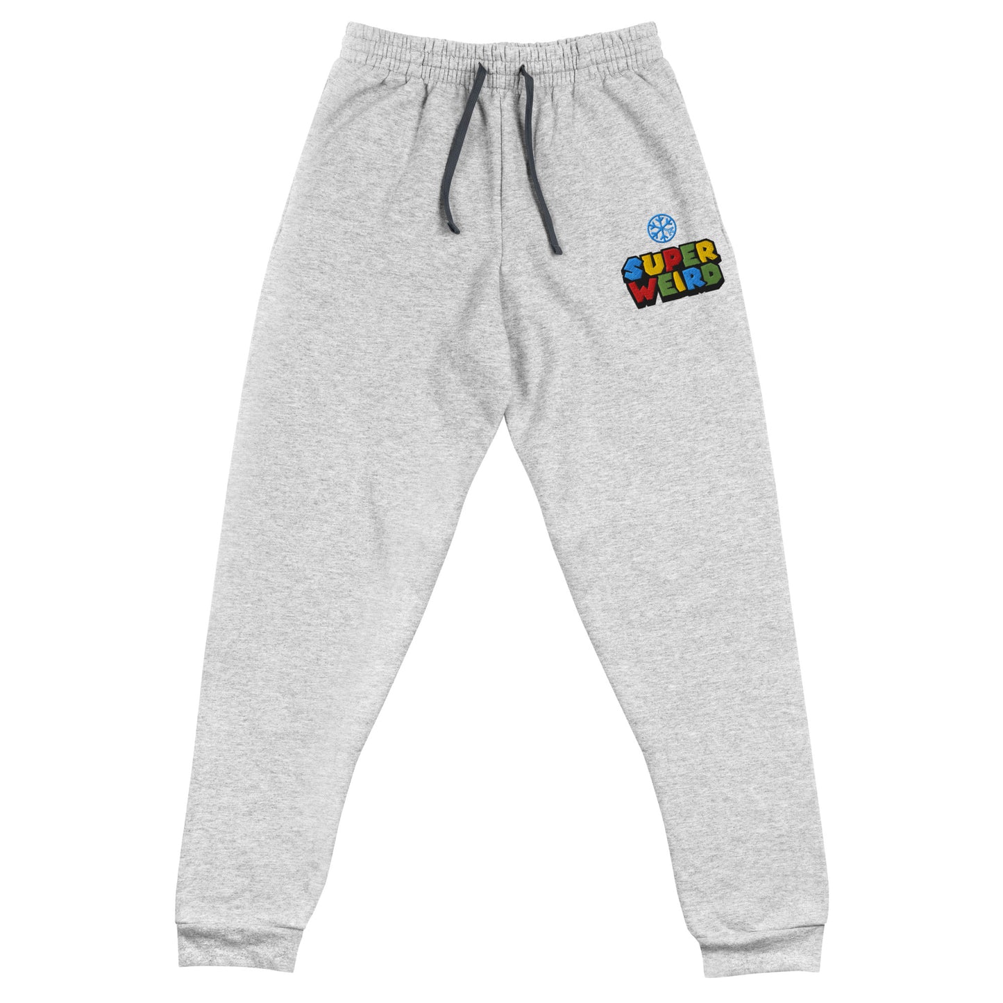 Gray-Super Weird Bros Joggers from B.Different Clothing, front view, graffiti-inspired streetwear