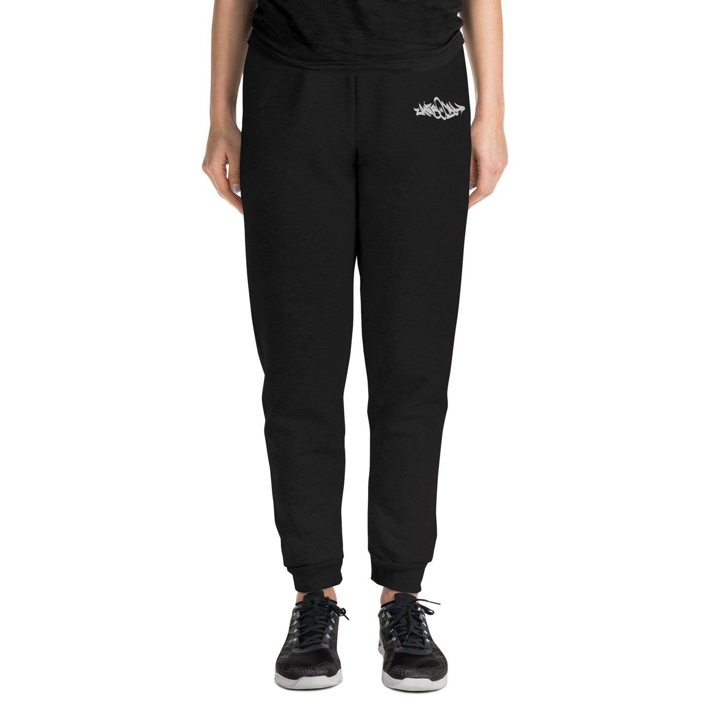 woman wearing Antisocial Graffiti Tag joggers black by B.Different Clothing street art graffiti inspired independent streetwear brand