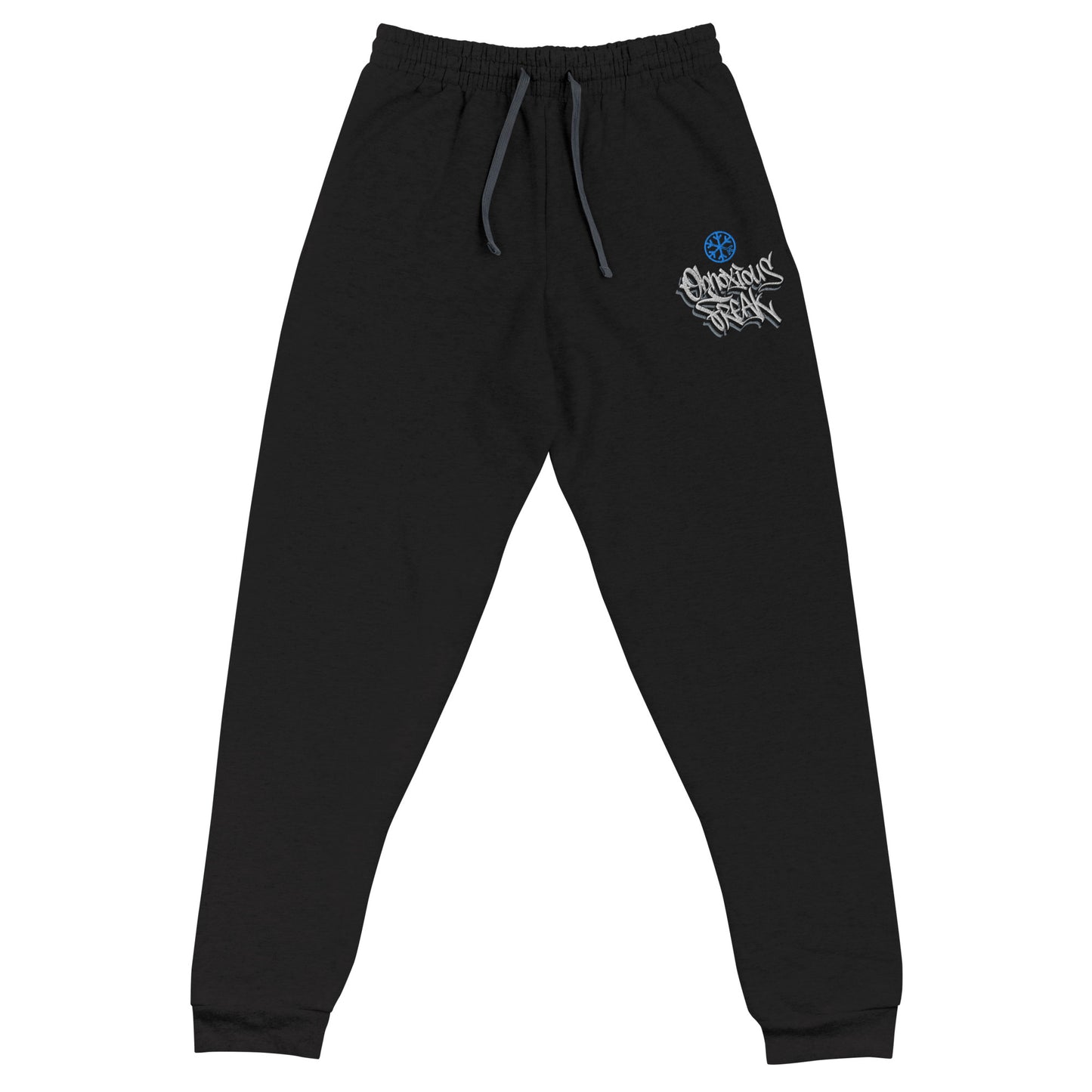 Black-Obnoxious Freak Graffiti Joggers from B.Different Clothing, front view, graffiti-inspired streetwear