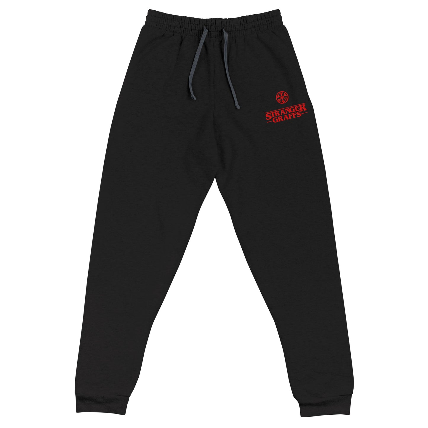 Black-Stranger Graffs Joggers from B.Different Clothing, front view, graffiti-inspired streetwear