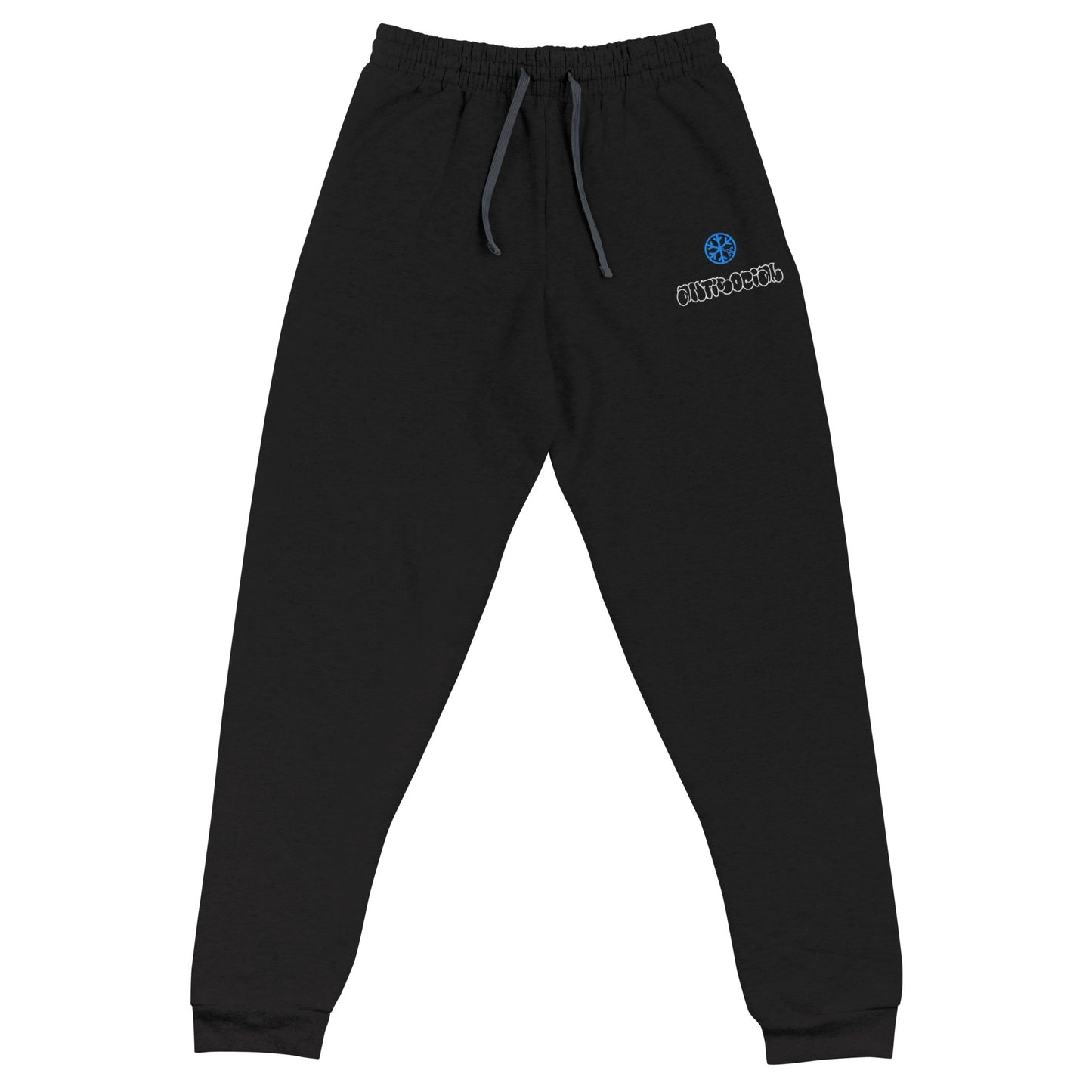 Black-Antisocial Graffiti Hollow Joggers from B.Different Clothing, front view, graffiti-inspired streetwear