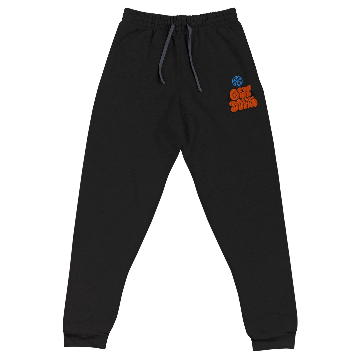 Black-Get Down Graffiti Throw-up Joggers from B.Different Clothing, front view, graffiti-inspired streetwear