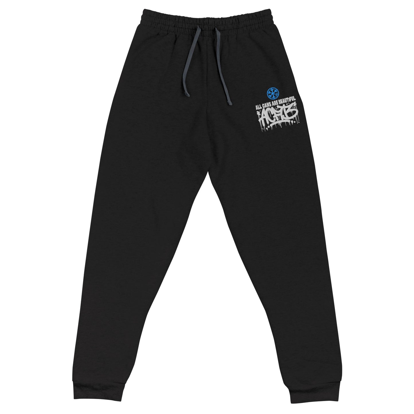 Black-ACAB Graffiti Tag Joggers from B.Different Clothing, front view, graffiti-inspired streetwear