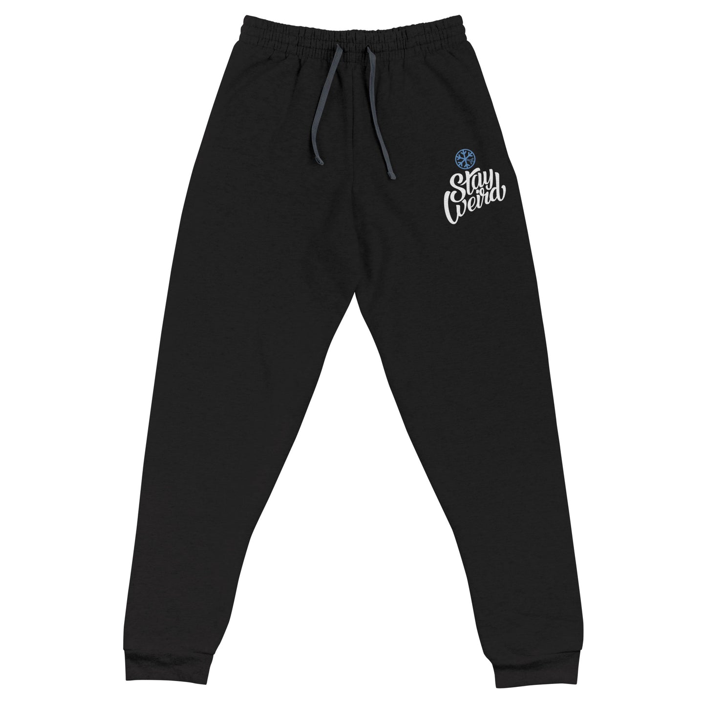 Black-Stay Weird Joggers from B.Different Clothing, front view, graffiti-inspired streetwear