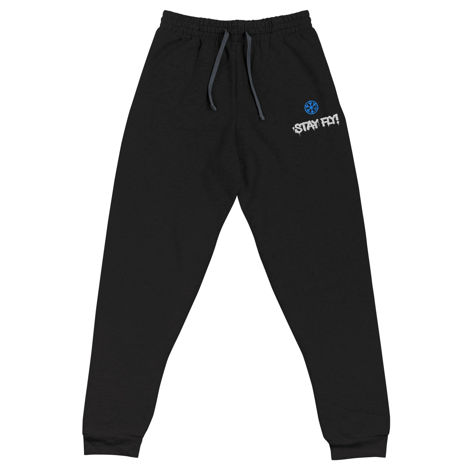 Black-Stay Fly Graffiti Tag Joggers from B.Different Clothing, front view, graffiti-inspired streetwear