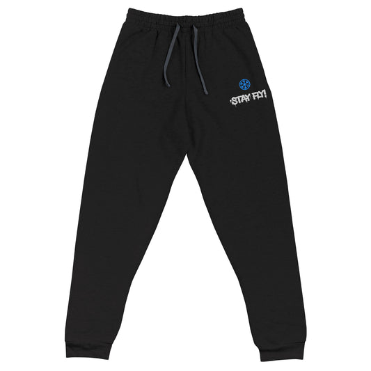 Black-Stay Fly Graffiti Tag Joggers from B.Different Clothing, front view, graffiti-inspired streetwear