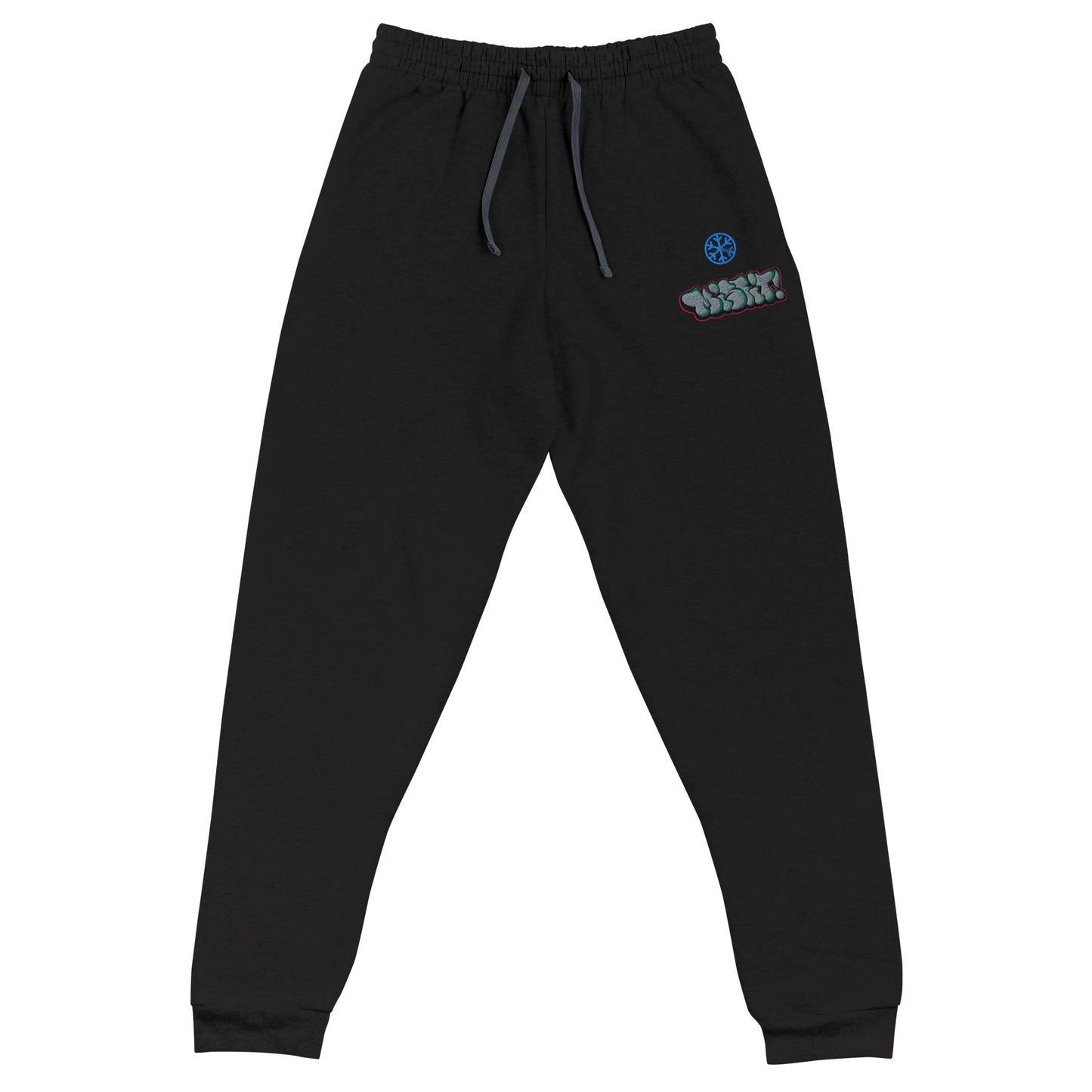 Black-Misfit Graffiti Throwie Joggers from B.Different Clothing, front view, graffiti-inspired streetwear