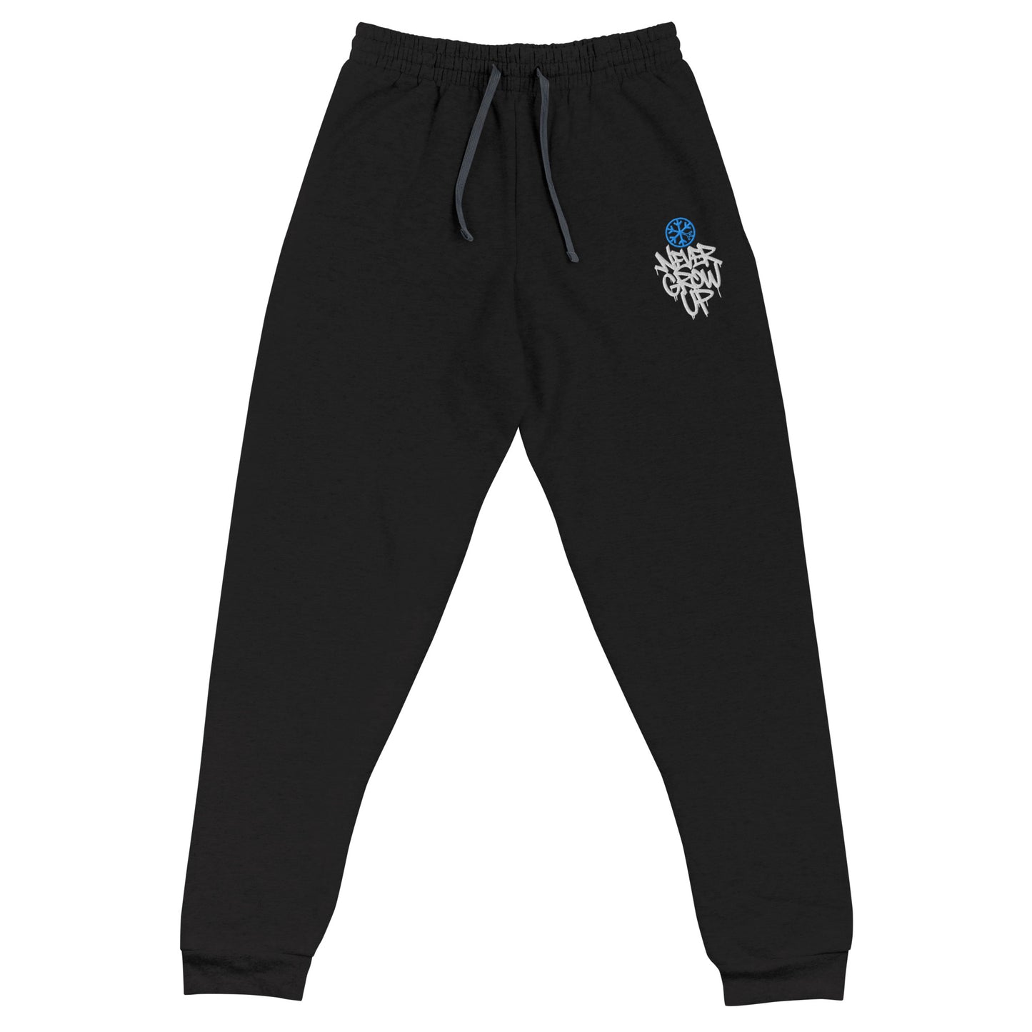 Black-Never Grow Up Graffiti Joggers from B.Different Clothing, front view, graffiti-inspired streetwear