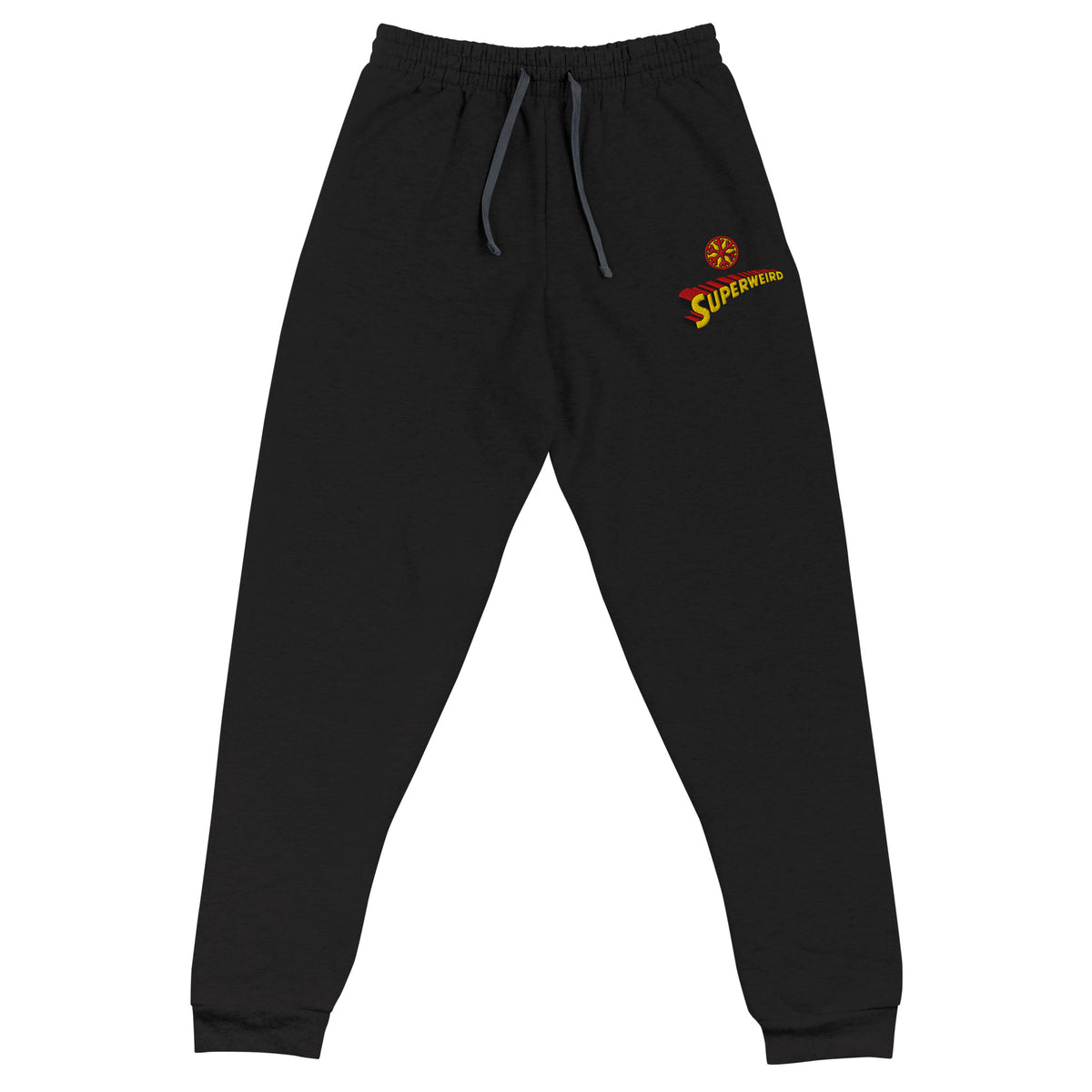 Black-Superweird Joggers from B.Different Clothing, front view, graffiti-inspired streetwear