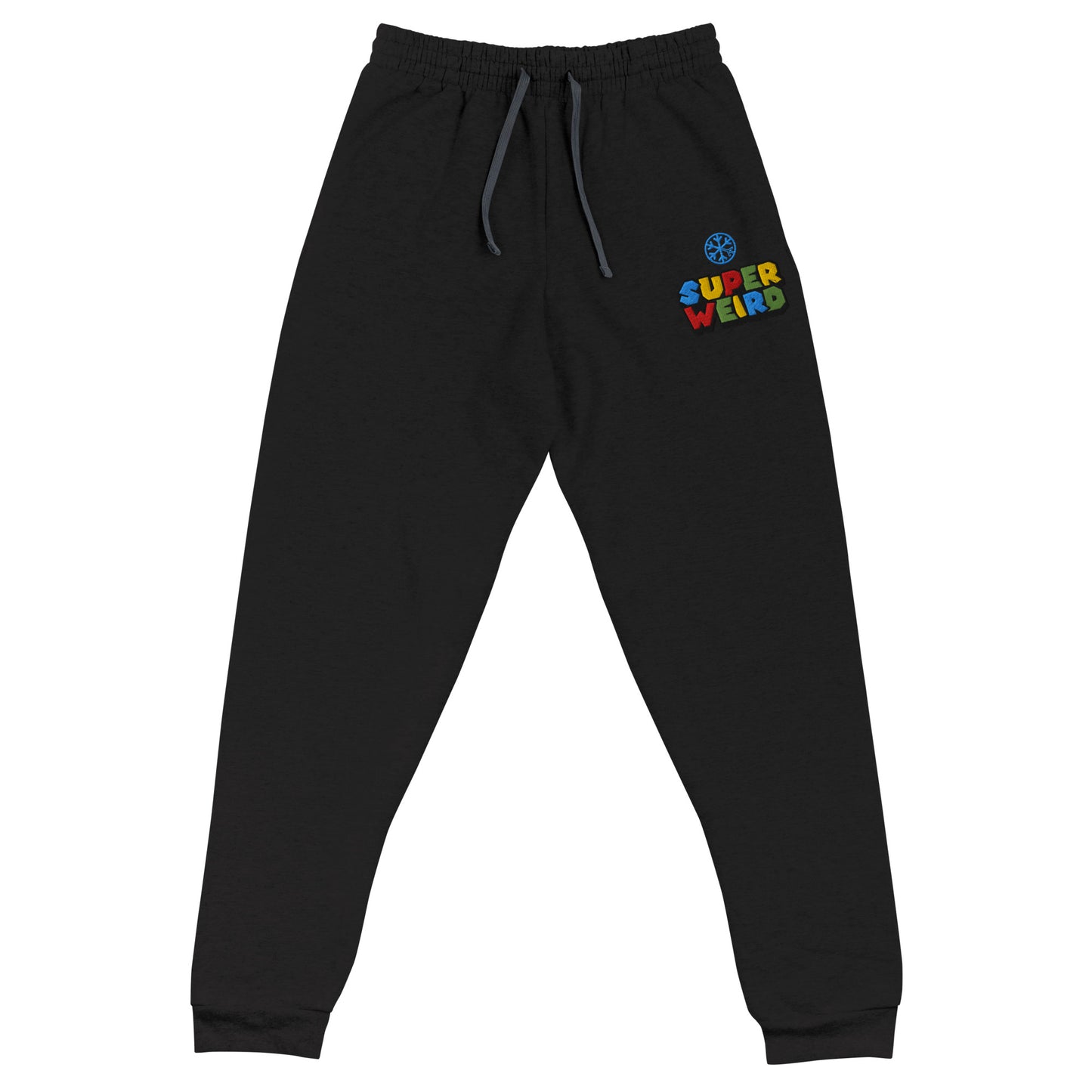 Black-Super Weird Bros Joggers from B.Different Clothing, front view, graffiti-inspired streetwear