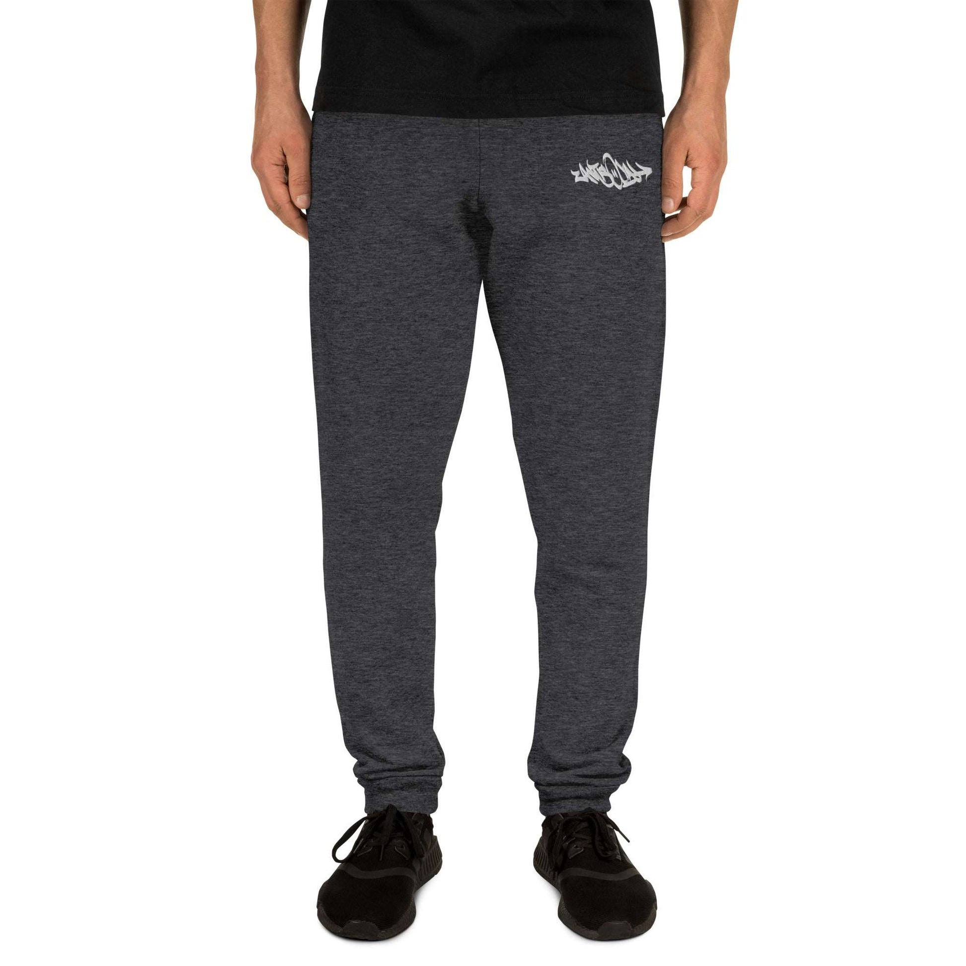 man wearing Antisocial Graffiti Tag joggers dark gray by B.Different Clothing street art graffiti inspired independent streetwear brand