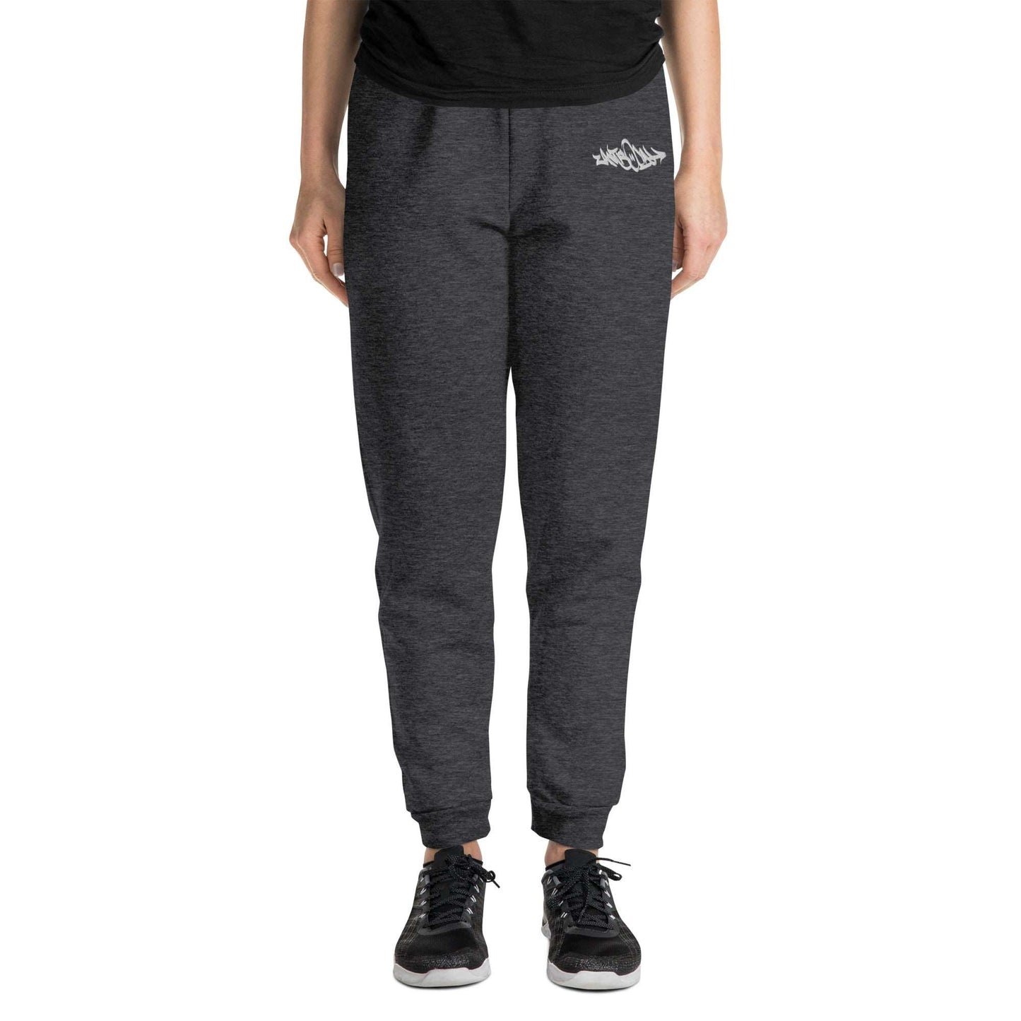 woman wearing Antisocial Graffiti Tag joggers dark gray by B.Different Clothing street art graffiti inspired independent streetwear brand