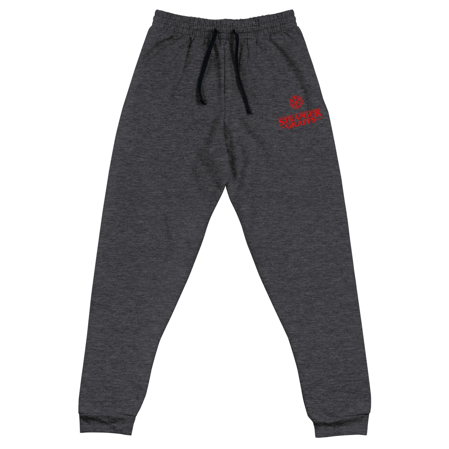 Darkgray-Stranger Graffs Joggers from B.Different Clothing, front view, graffiti-inspired streetwear
