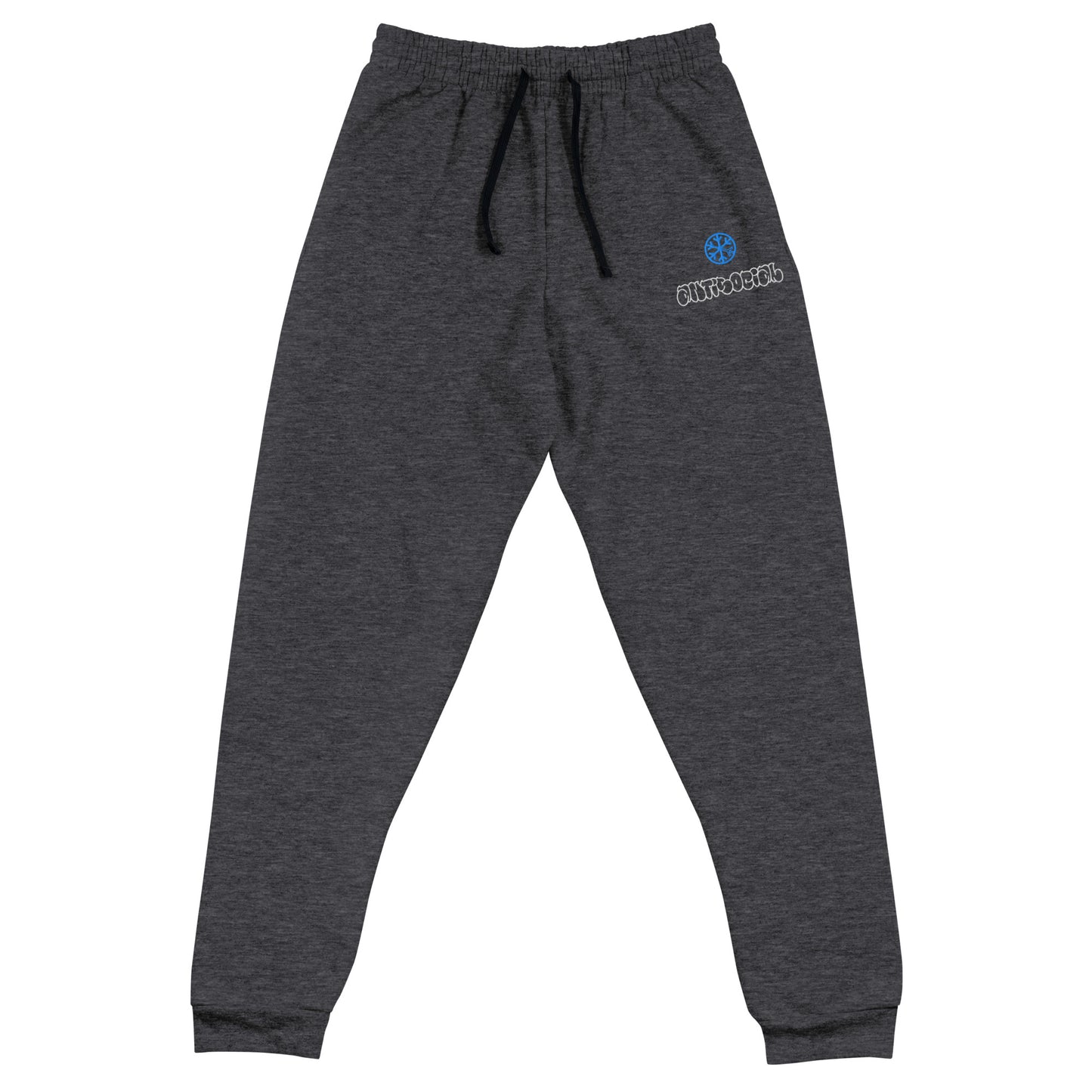 Darkgray-Antisocial Graffiti Hollow Joggers from B.Different Clothing, front view, graffiti-inspired streetwear