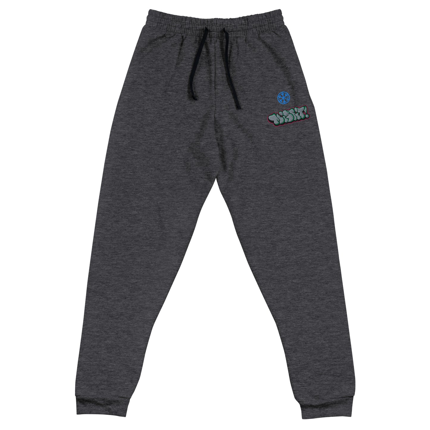 Darkgray-Misfit Graffiti Throwie Joggers from B.Different Clothing, front view, graffiti-inspired streetwear