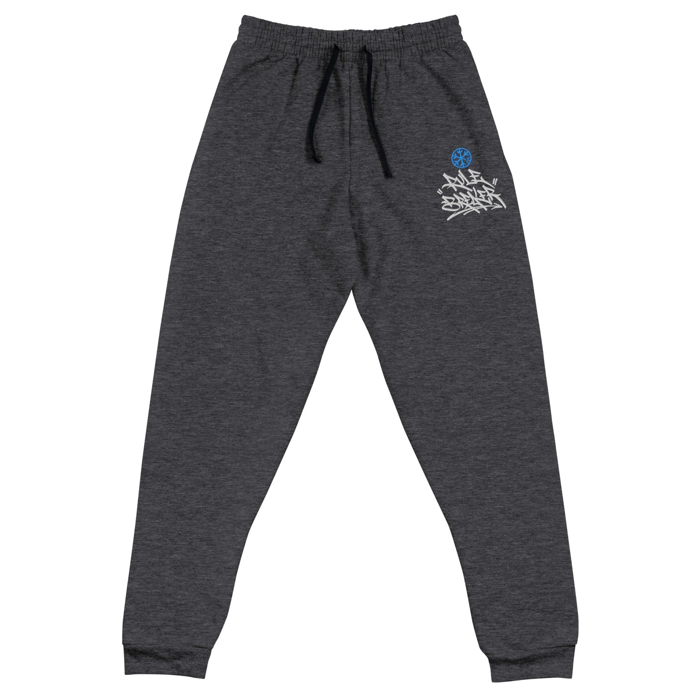 Black Heather-Rule Breaker Graffiti Tag Joggers from B.Different Clothing, front view, graffiti-inspired streetwear