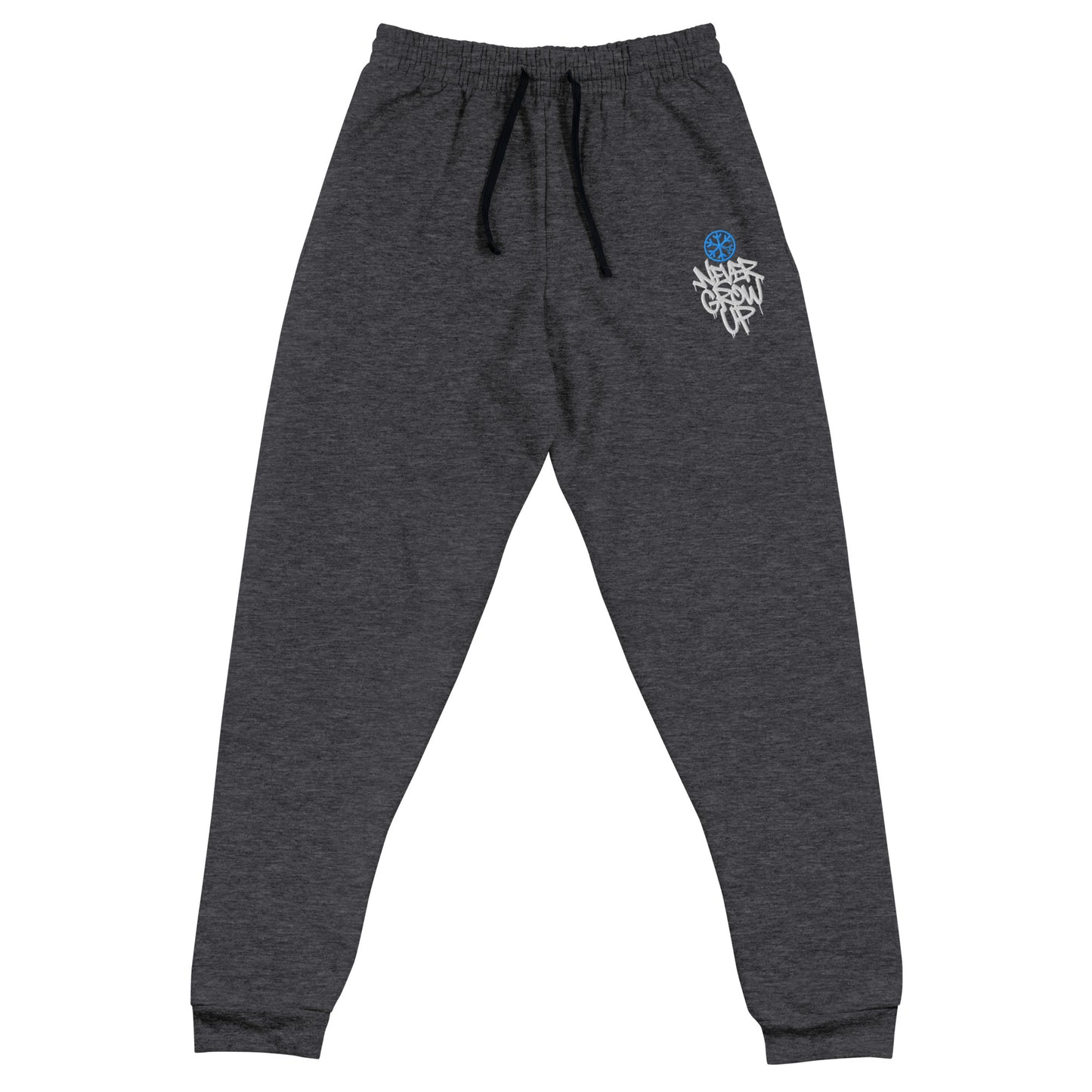Black Heather-Never Grow Up Graffiti Joggers from B.Different Clothing, front view, graffiti-inspired streetwear
