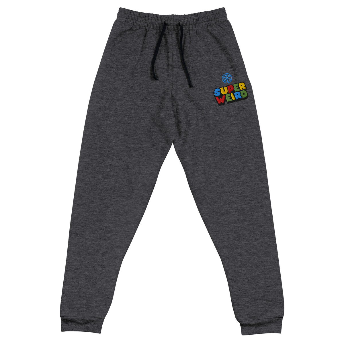 Black Heather-Super Weird Bros Joggers from B.Different Clothing, front view, graffiti-inspired streetwear