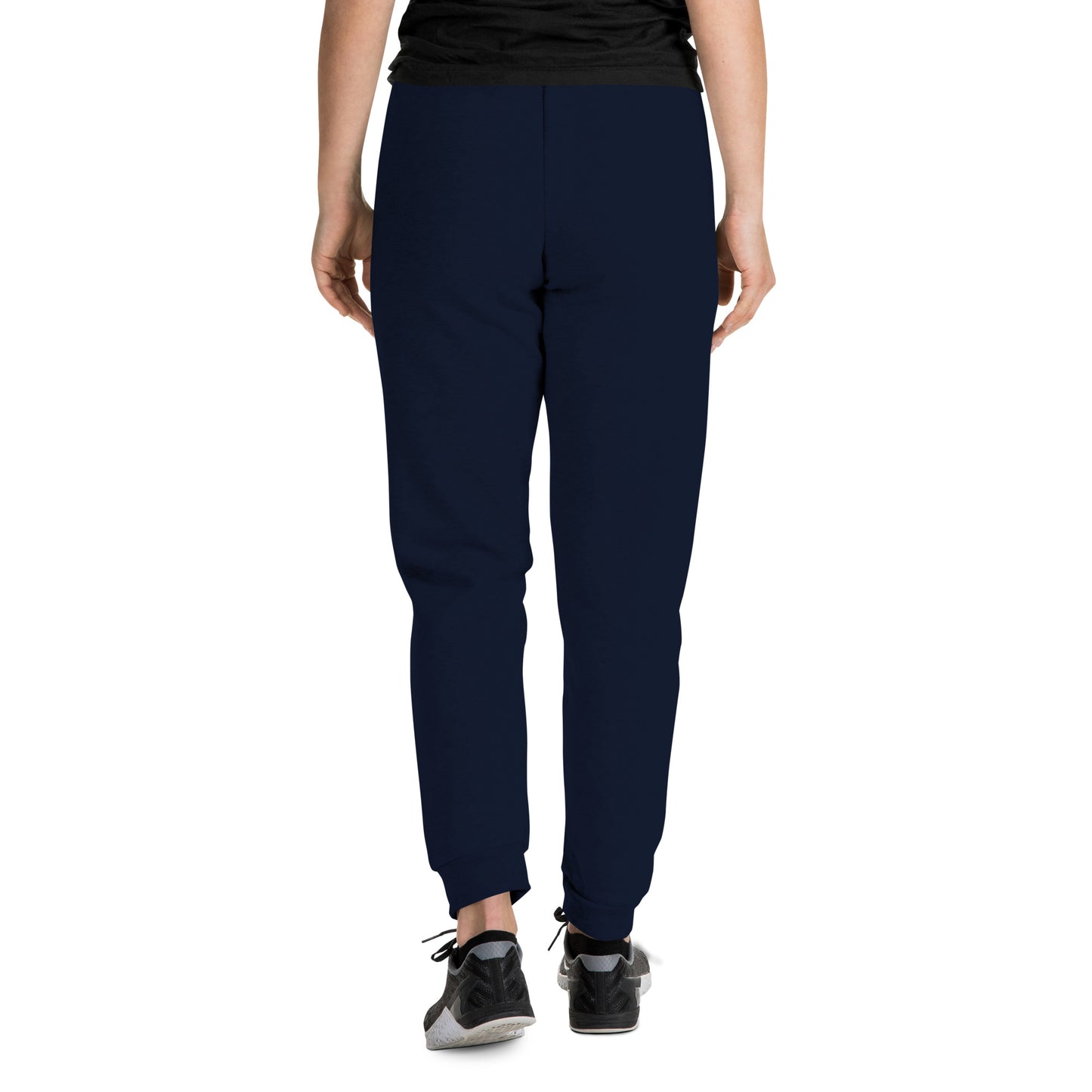 front of woman wearing Outcast Graffiti Tag Joggers navy B.Different Clothing graffiti street art inspired streetwear brand