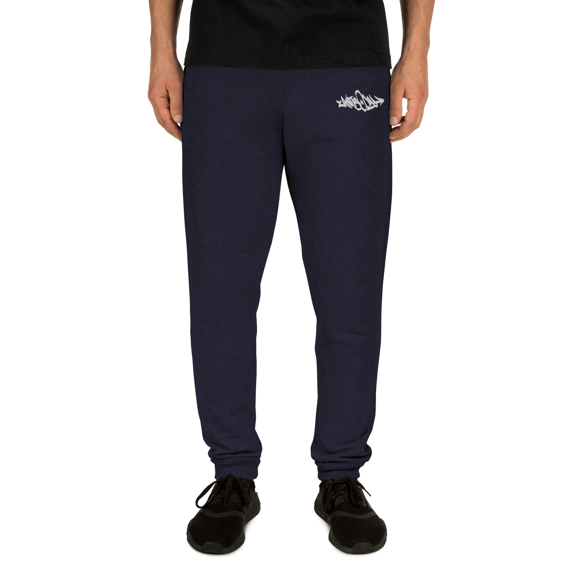 man wearing Antisocial Graffiti Tag joggers navy by B.Different Clothing street art graffiti inspired independent streetwear brand