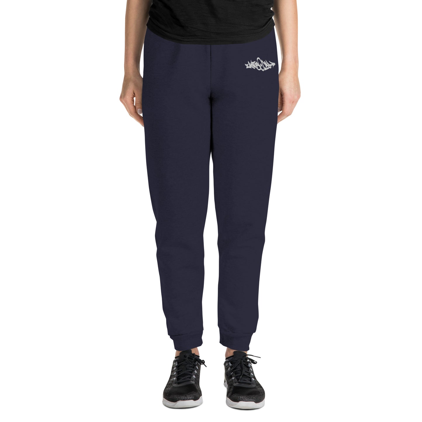 woman wearing Antisocial Graffiti Tag joggers navy by B.Different Clothing street art graffiti inspired independent streetwear brand