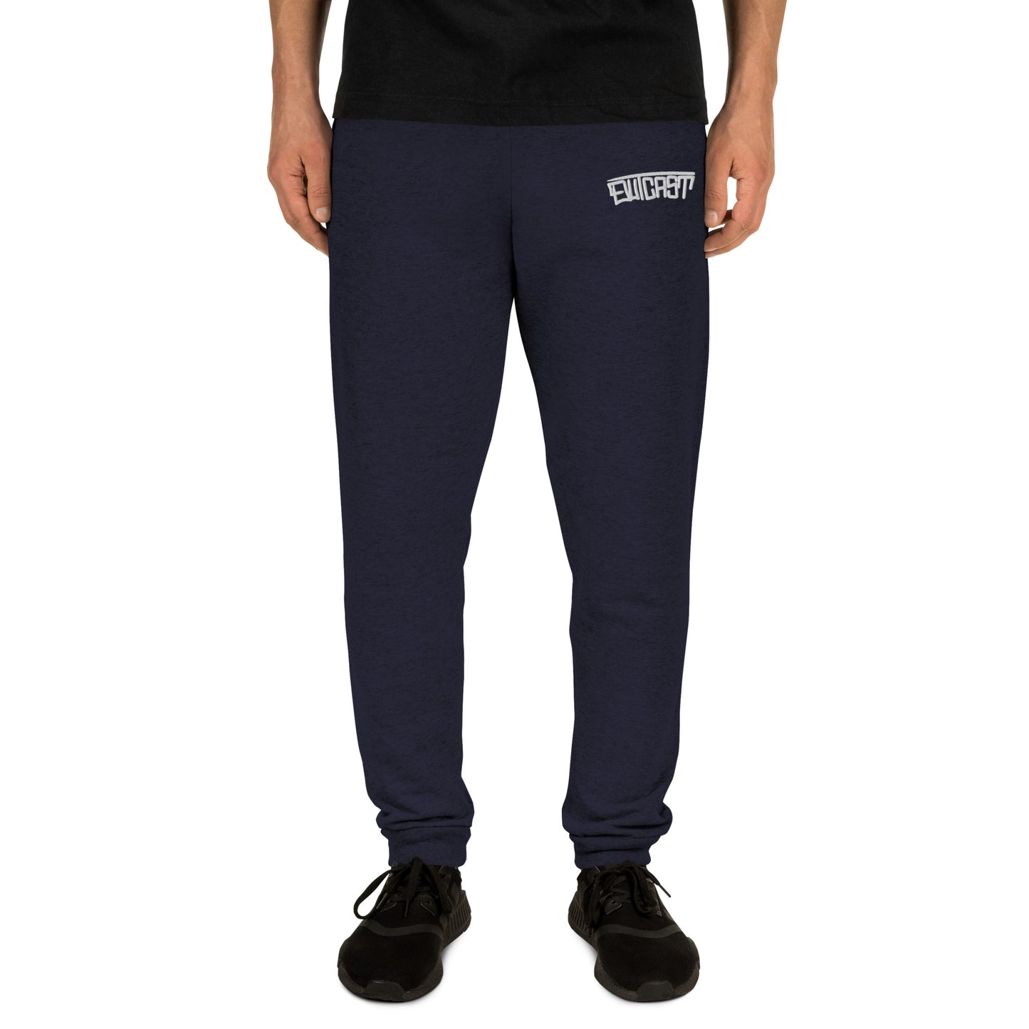 front of man wearing Outcast Graffiti Tag Joggers navy B.Different Clothing graffiti street art inspired streetwear brand