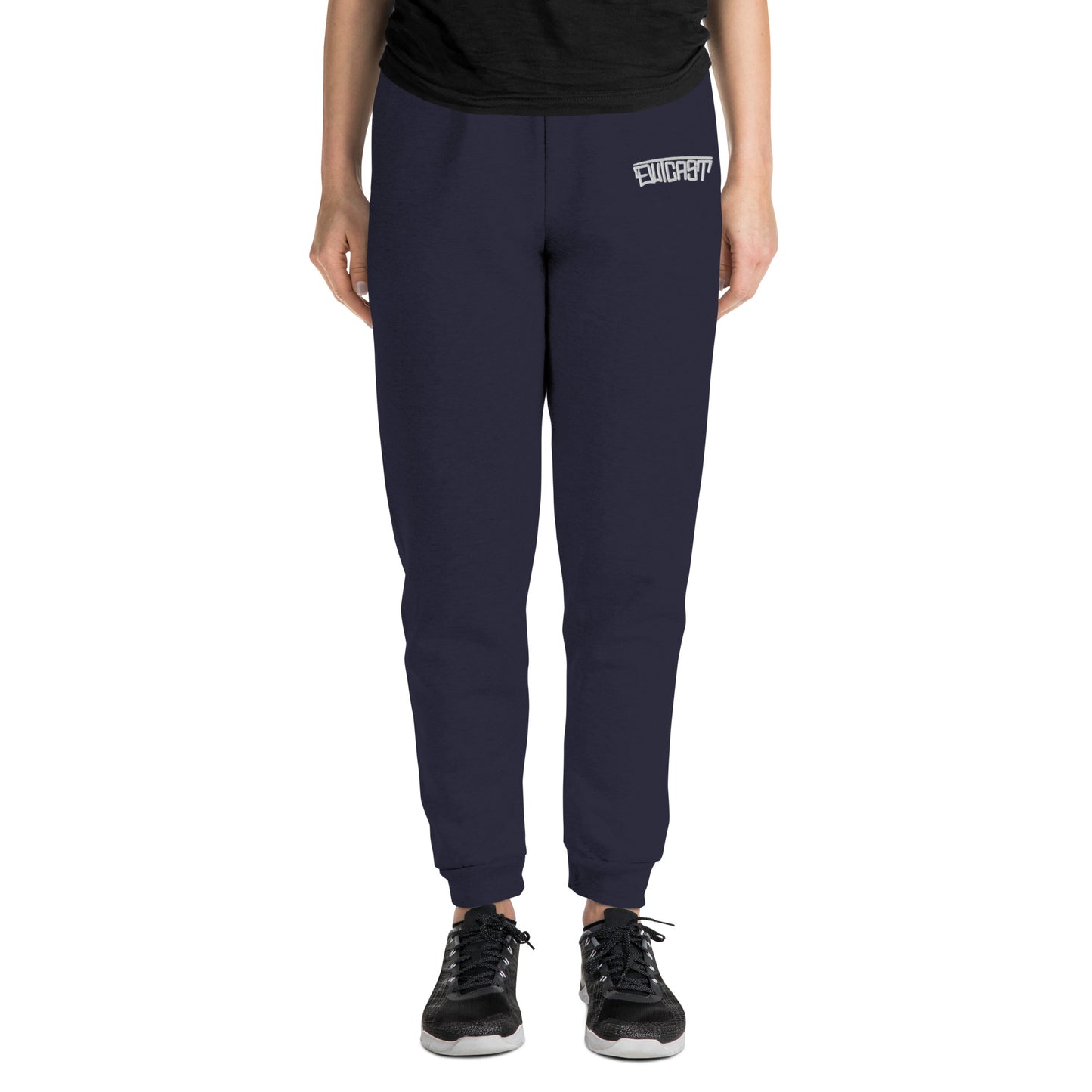 front of woman wearing Outcast Graffiti Tag Joggers navy B.Different Clothing graffiti street art inspired streetwear brand