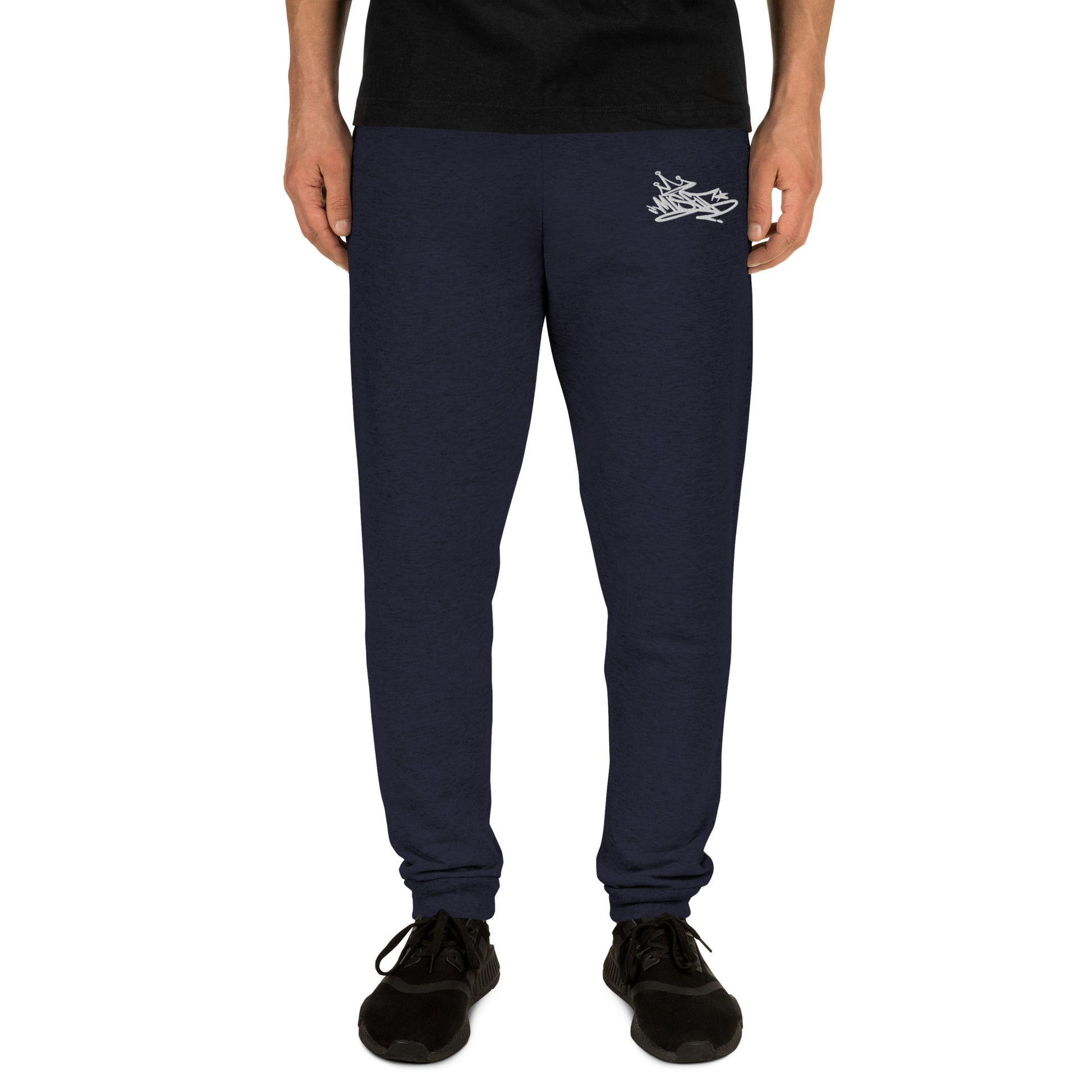 front of man wearing Misfit Graffiti Tag Joggers navy of B.Different Clothing graffiti street art inspired streetwear brand