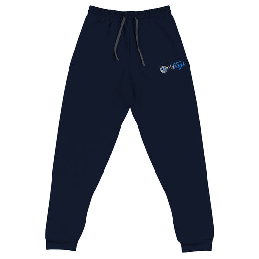 Navy-Only Tags Graffiti Joggers from B.Different Clothing, front view, graffiti-inspired streetwear