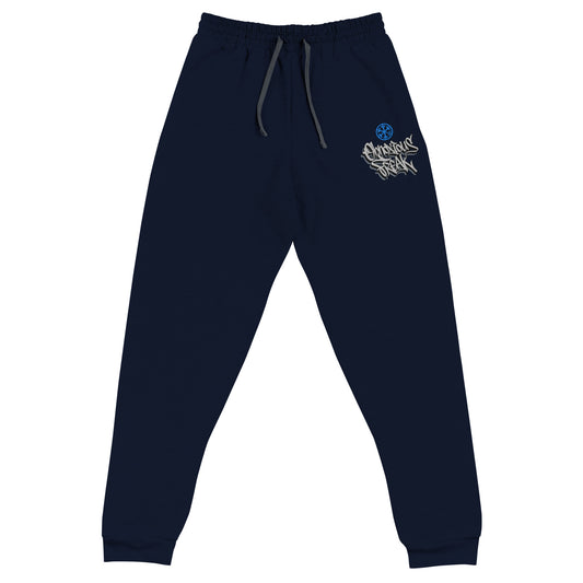 Navy-Obnoxious Freak Graffiti Joggers from B.Different Clothing, front view, graffiti-inspired streetwear