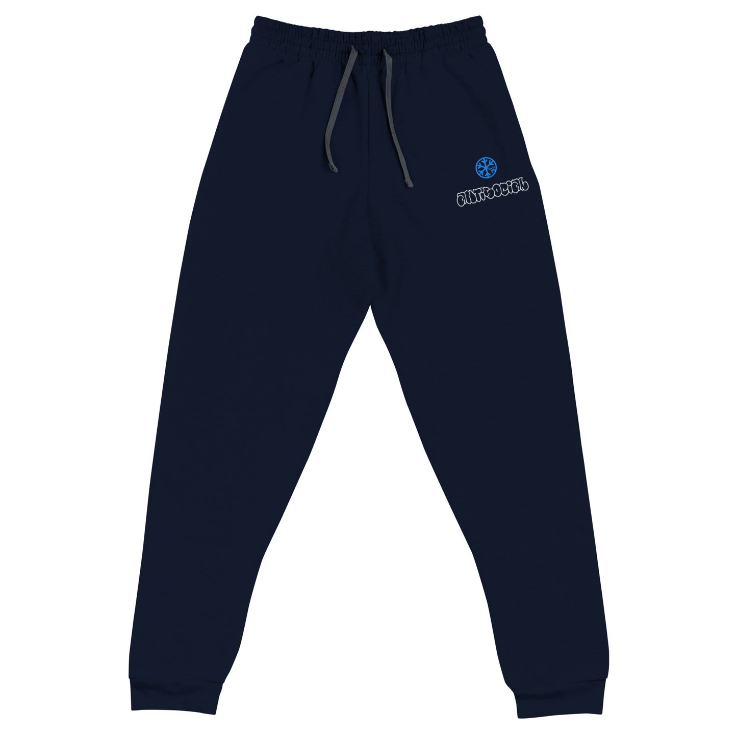 Navy-Antisocial Graffiti Hollow Joggers from B.Different Clothing, front view, graffiti-inspired streetwear