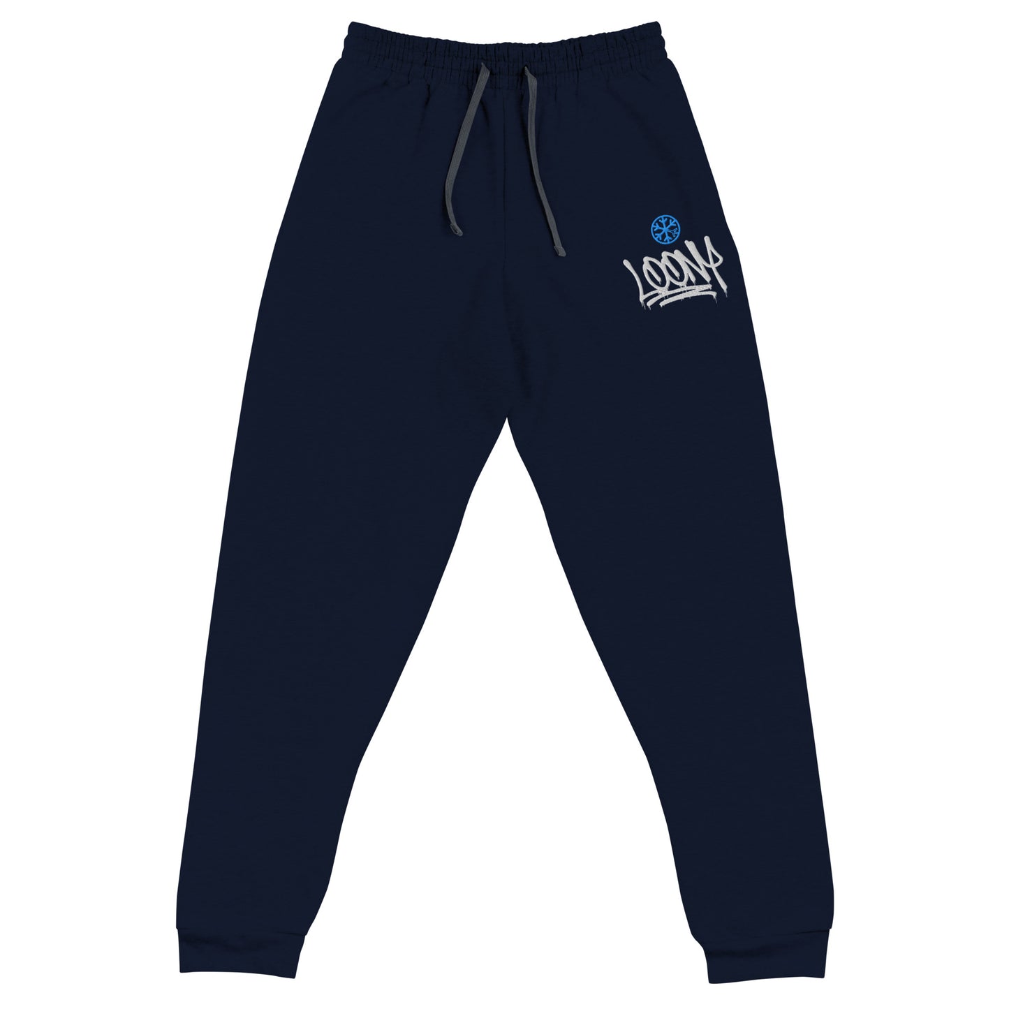 Navy-Loony Graffiti Tag Joggers from B.Different Clothing, front view, graffiti-inspired streetwear