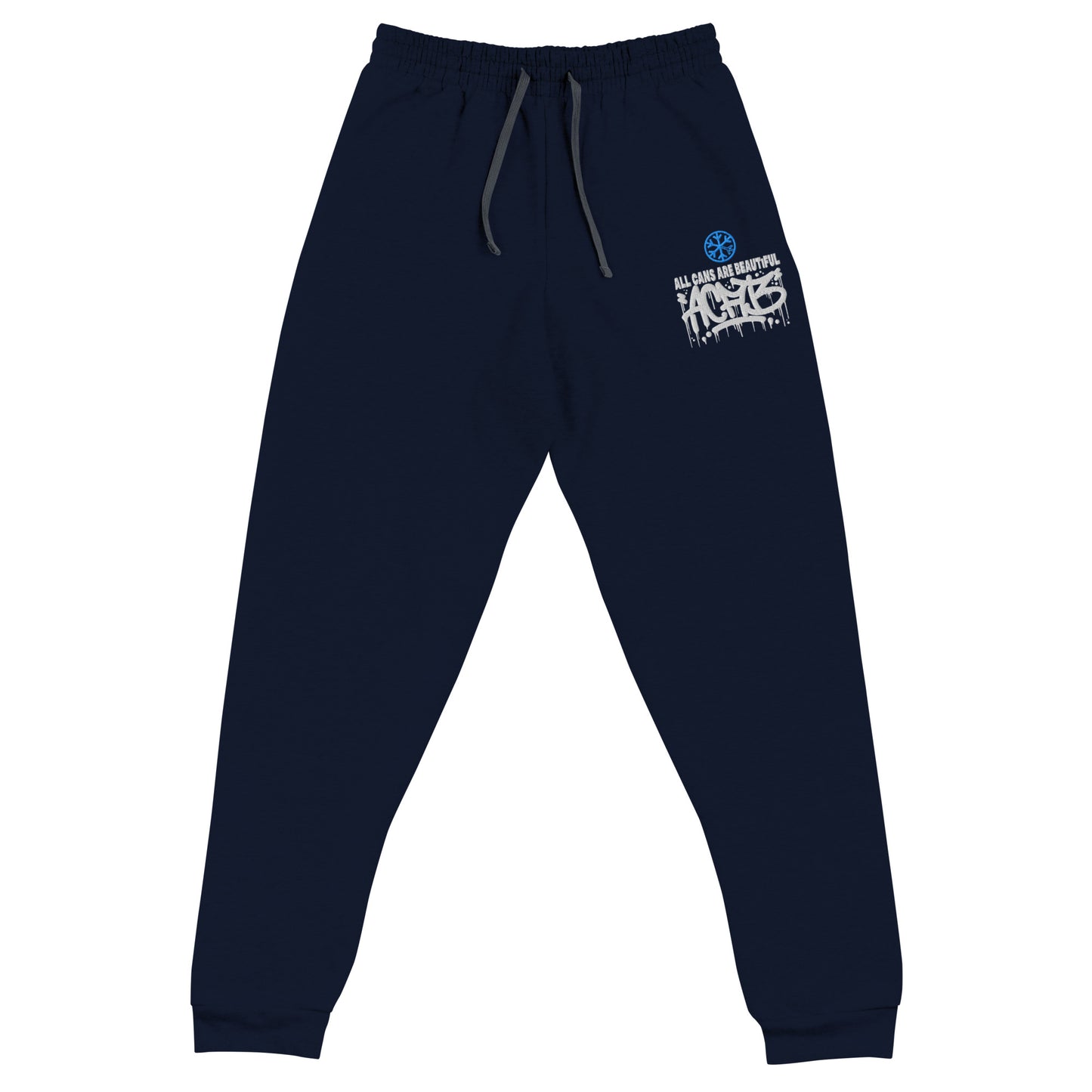Navy-ACAB Graffiti Tag Joggers from B.Different Clothing, front view, graffiti-inspired streetwear
