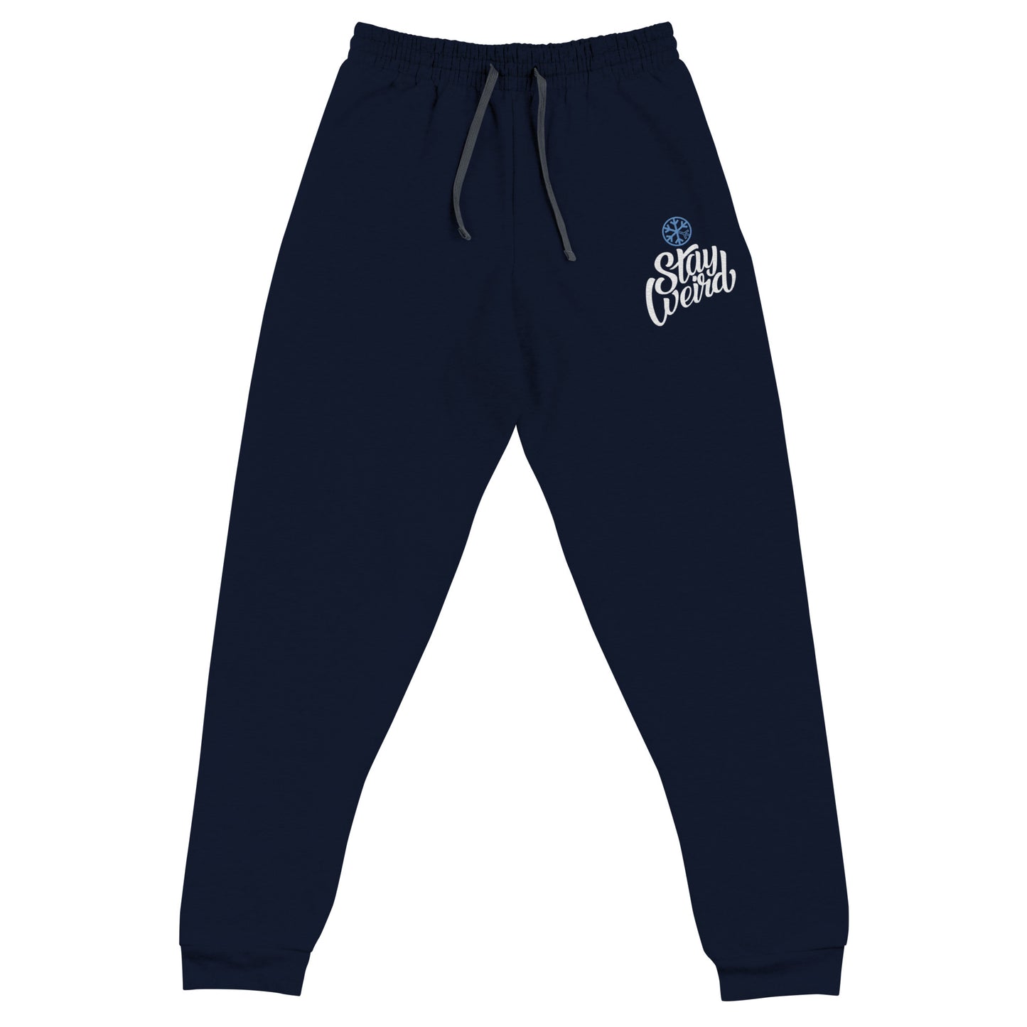 Navy-Stay Weird Joggers from B.Different Clothing, front view, graffiti-inspired streetwear