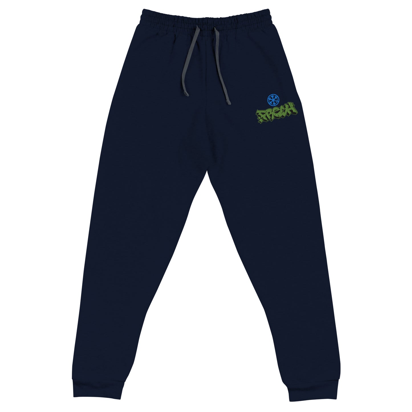 Navy-Fresh Graffiti Piece Joggers from B.Different Clothing, front view, graffiti-inspired streetwear