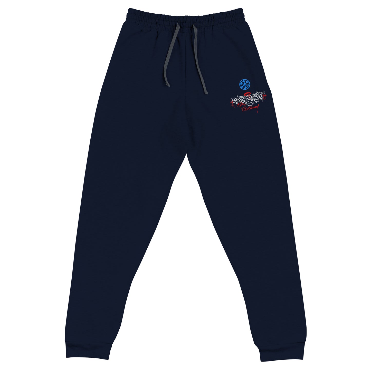 Navy-Caos One Collab Graffiti Joggers from B.Different Clothing, front view, graffiti-inspired streetwear