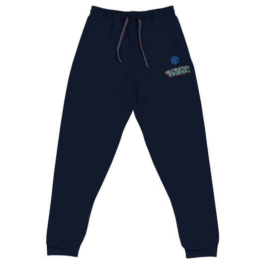 Navy-Misfit Graffiti Throwie Joggers from B.Different Clothing, front view, graffiti-inspired streetwear