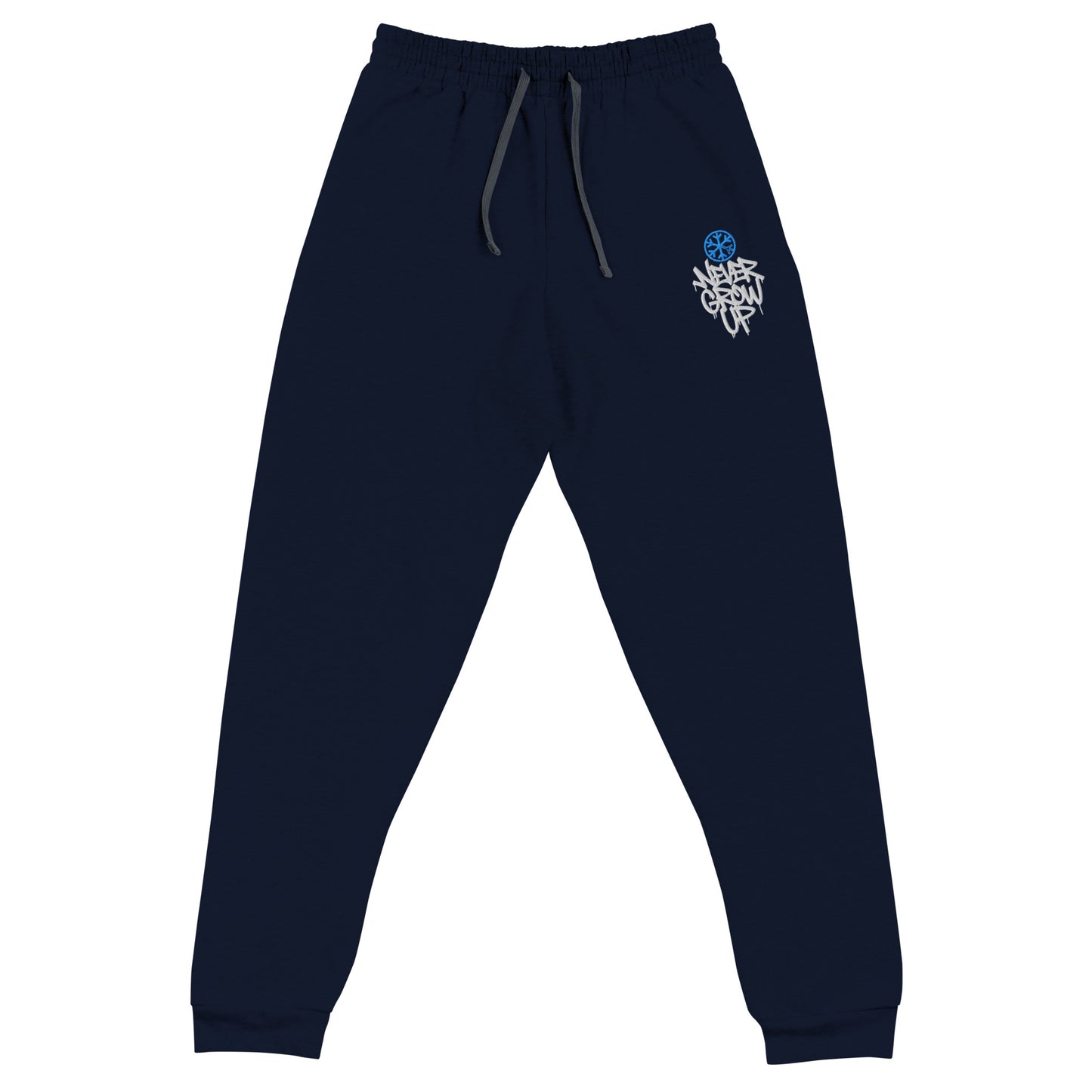 Navy-Never Grow Up Graffiti Joggers from B.Different Clothing, front view, graffiti-inspired streetwear