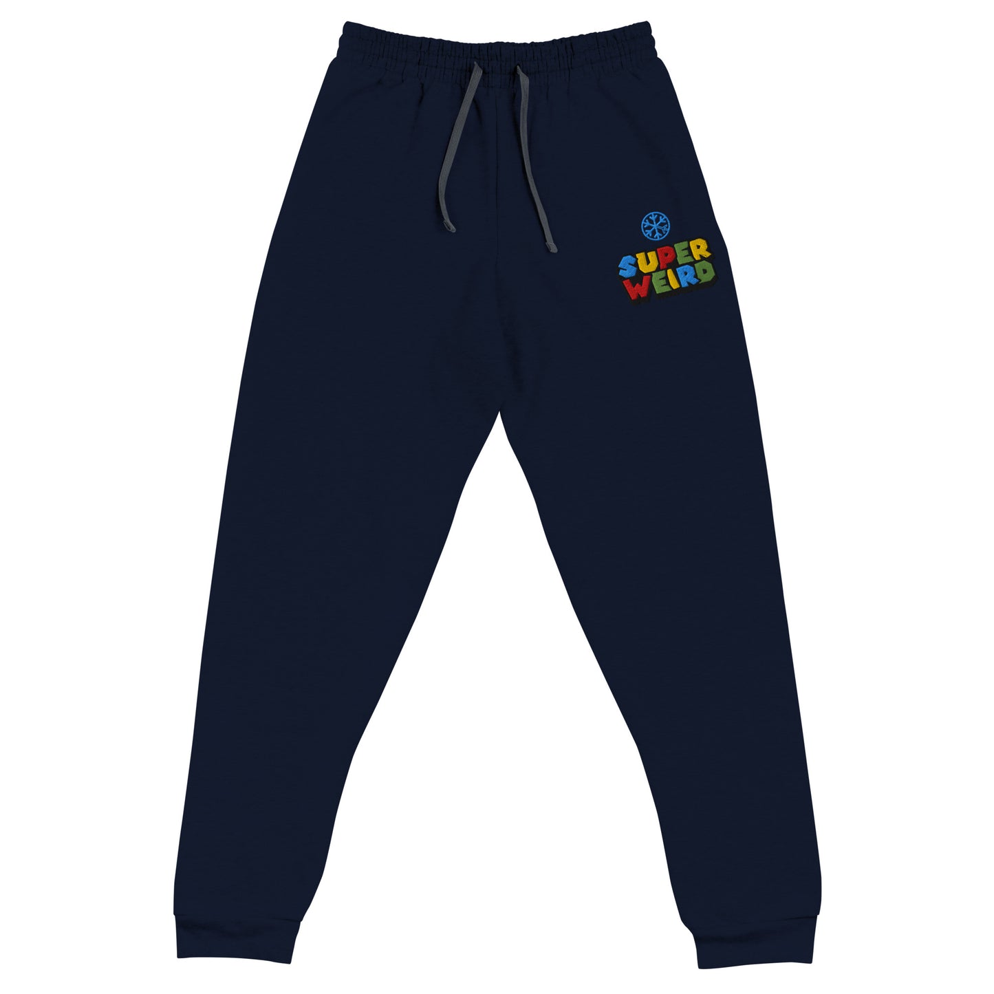 Navy-Super Weird Bros Joggers from B.Different Clothing, front view, graffiti-inspired streetwear