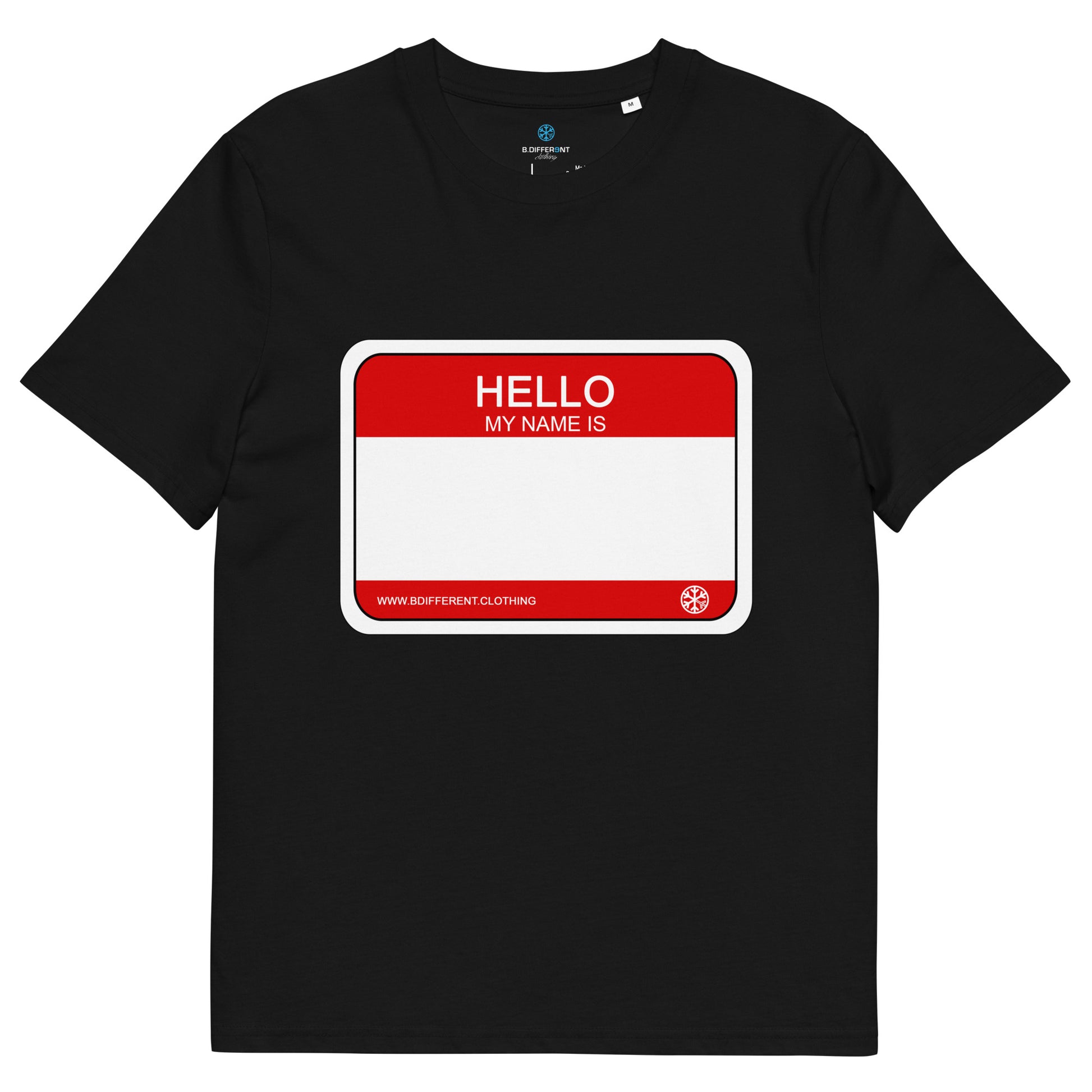 Black-Hello My Name Is Sticker Graffiti Tee from B.Different Clothing, front view, graffiti-inspired streetwear t-shirt