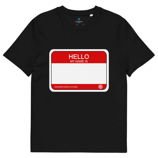 Black-Hello My Name Is Sticker Graffiti Tee from B.Different Clothing, front view, graffiti-inspired streetwear t-shirt