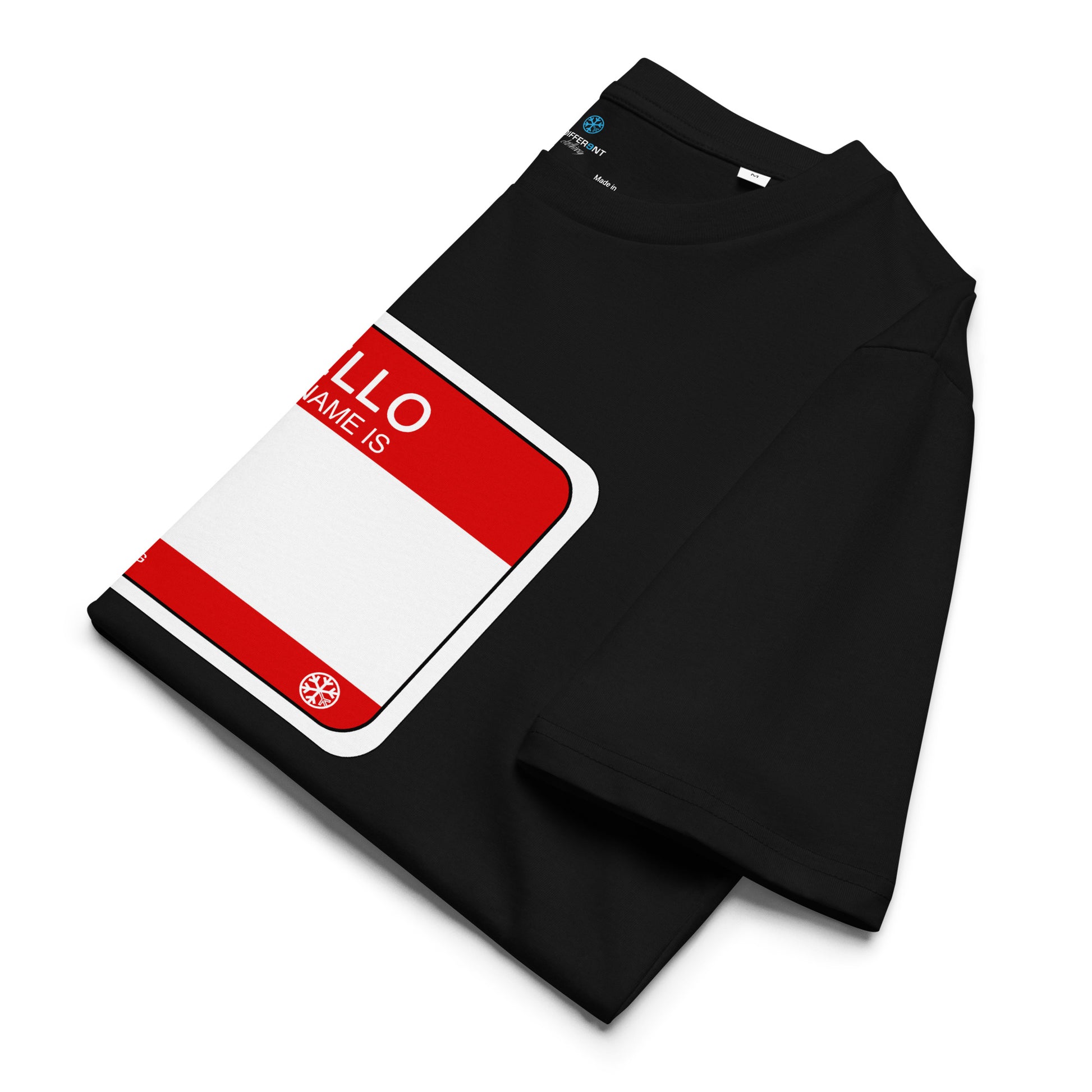 Black-Hello My Name Is Sticker Graffiti Tee from B.Different Clothing, folded, graffiti-inspired streetwear t-shirt