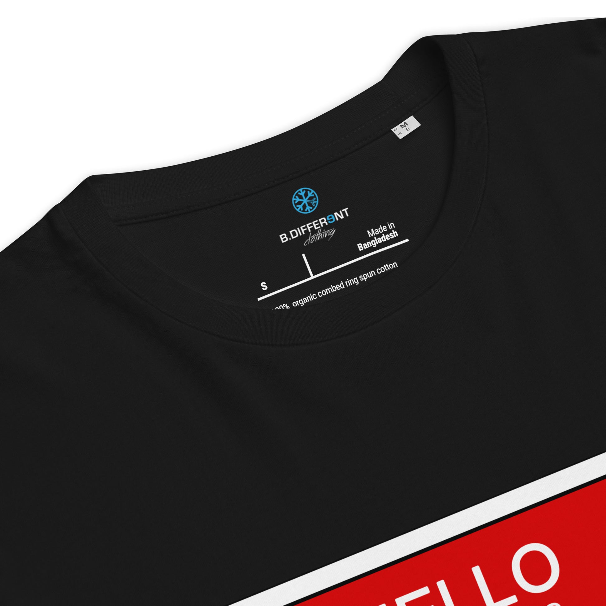 Black-Hello My Name Is Sticker Graffiti Tee from B.Different Clothing, collar, graffiti-inspired streetwear t-shirt