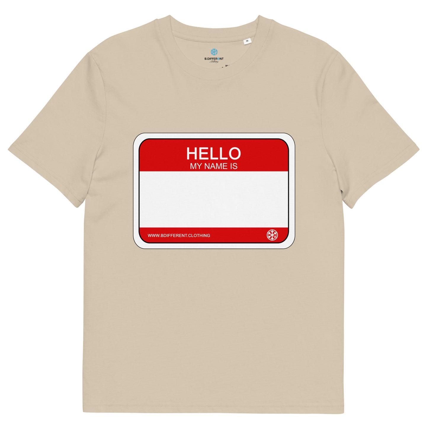 Beige-Hello My Name Is Sticker Graffiti Tee from B.Different Clothing, front view, graffiti-inspired streetwear t-shirt