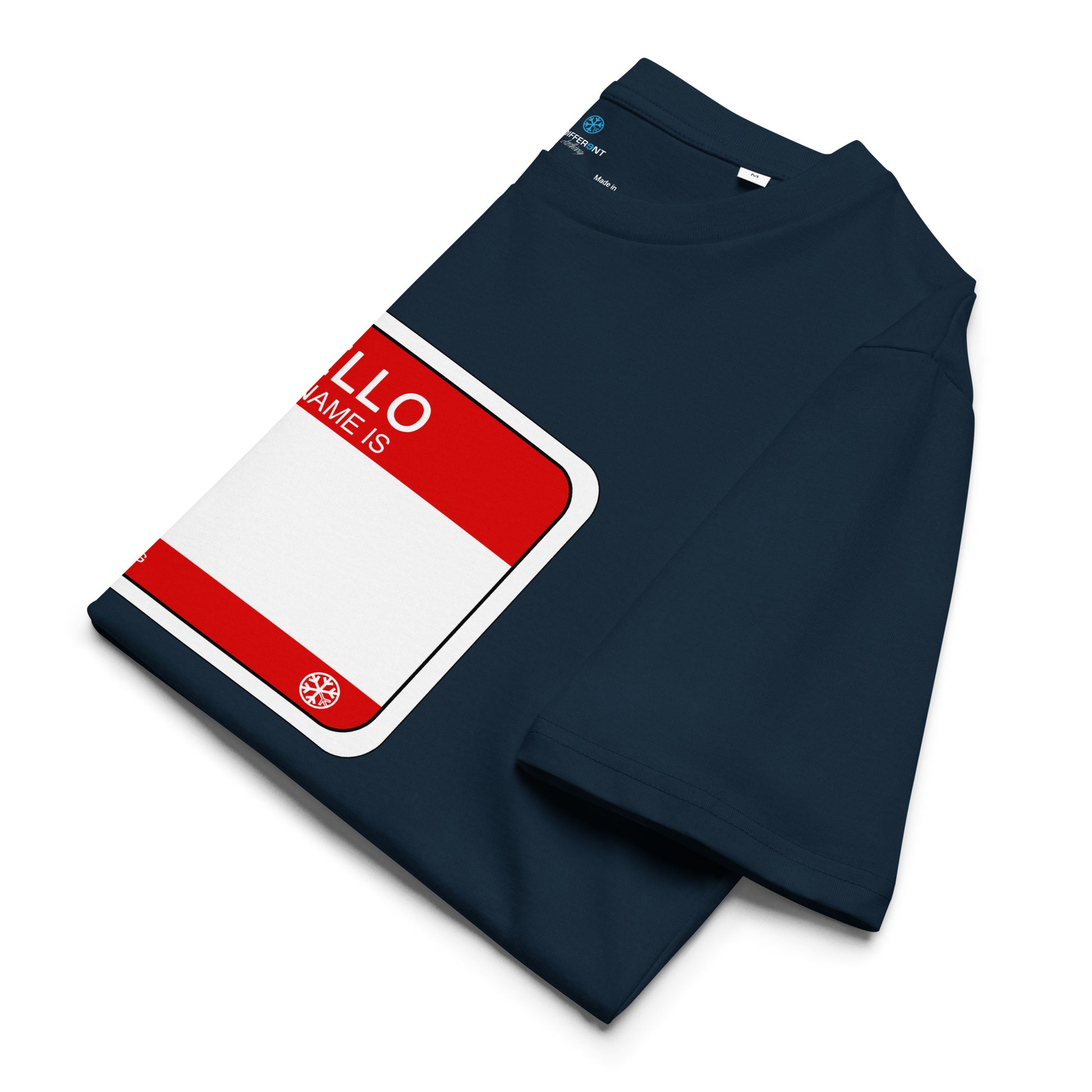 Navy-Hello My Name Is Sticker Graffiti Tee from B.Different Clothing, folded, graffiti-inspired streetwear t-shirt