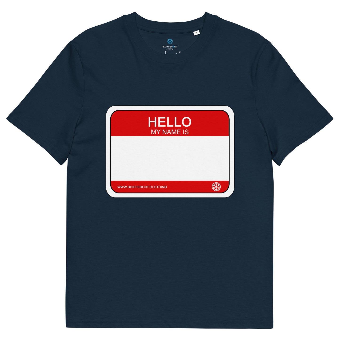 Navy-Hello My Name Is Sticker Graffiti Tee from B.Different Clothing, front view, graffiti-inspired streetwear t-shirt