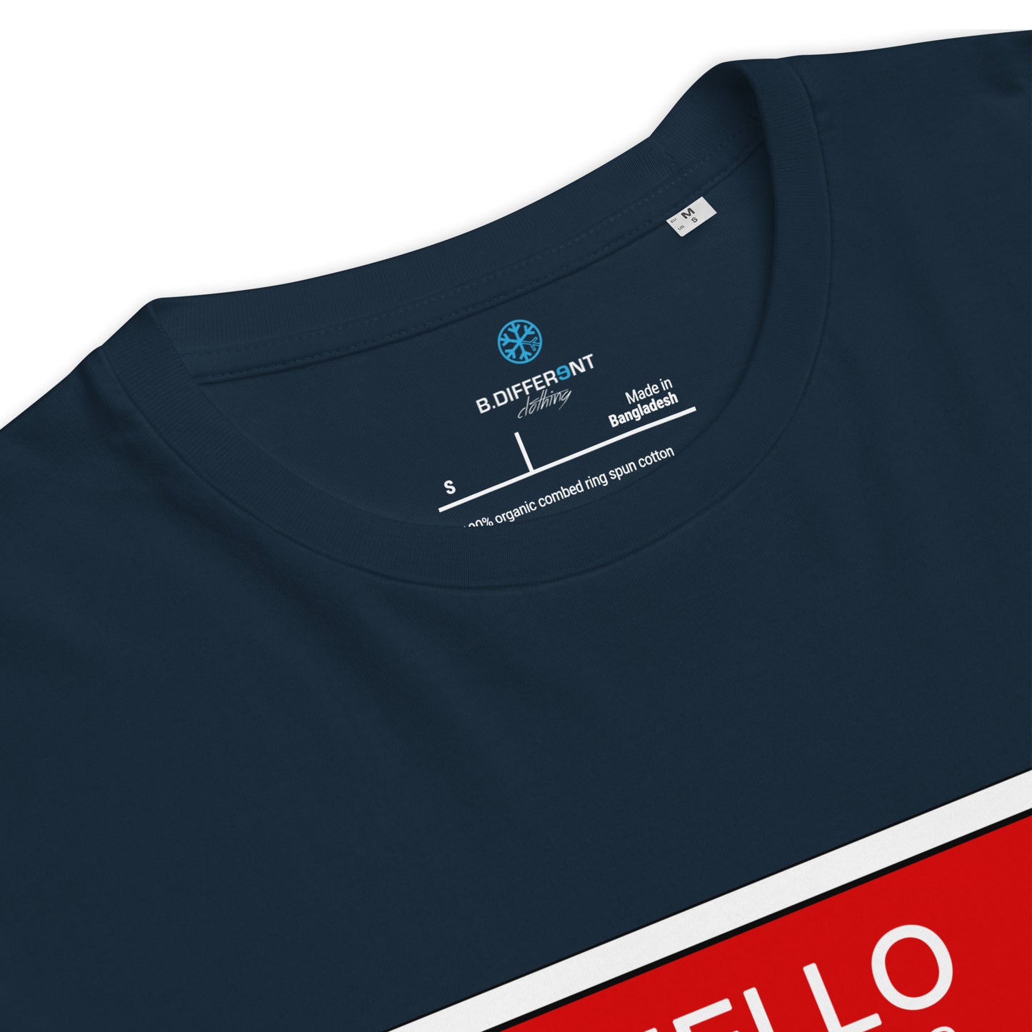 Navy-Hello My Name Is Sticker Graffiti Tee from B.Different Clothing, collar, graffiti-inspired streetwear t-shirt