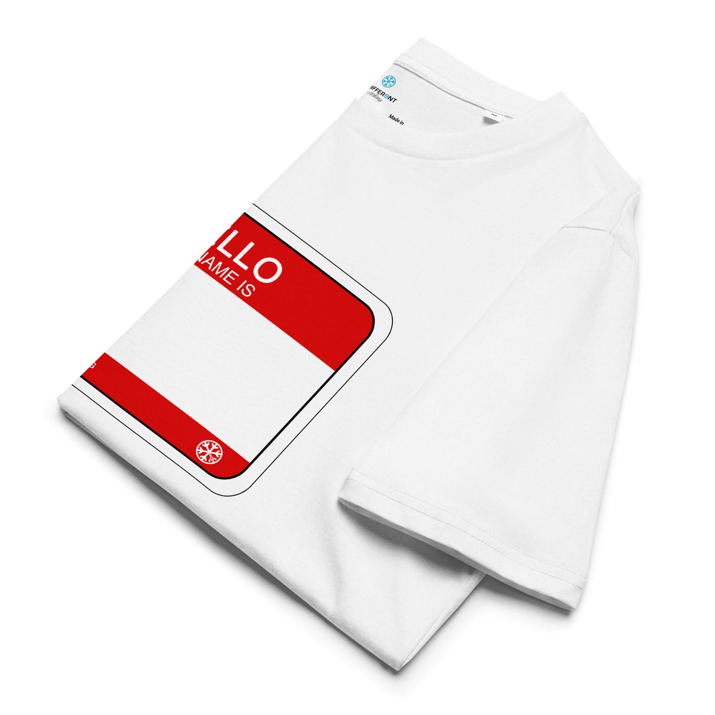 White-Hello My Name Is Sticker Graffiti Tee from B.Different Clothing, folded, graffiti-inspired streetwear t-shirt