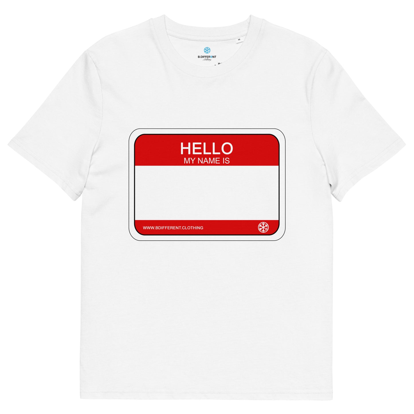 White-Hello My Name Is Sticker Graffiti Tee from B.Different Clothing, front view, graffiti-inspired streetwear t-shirt